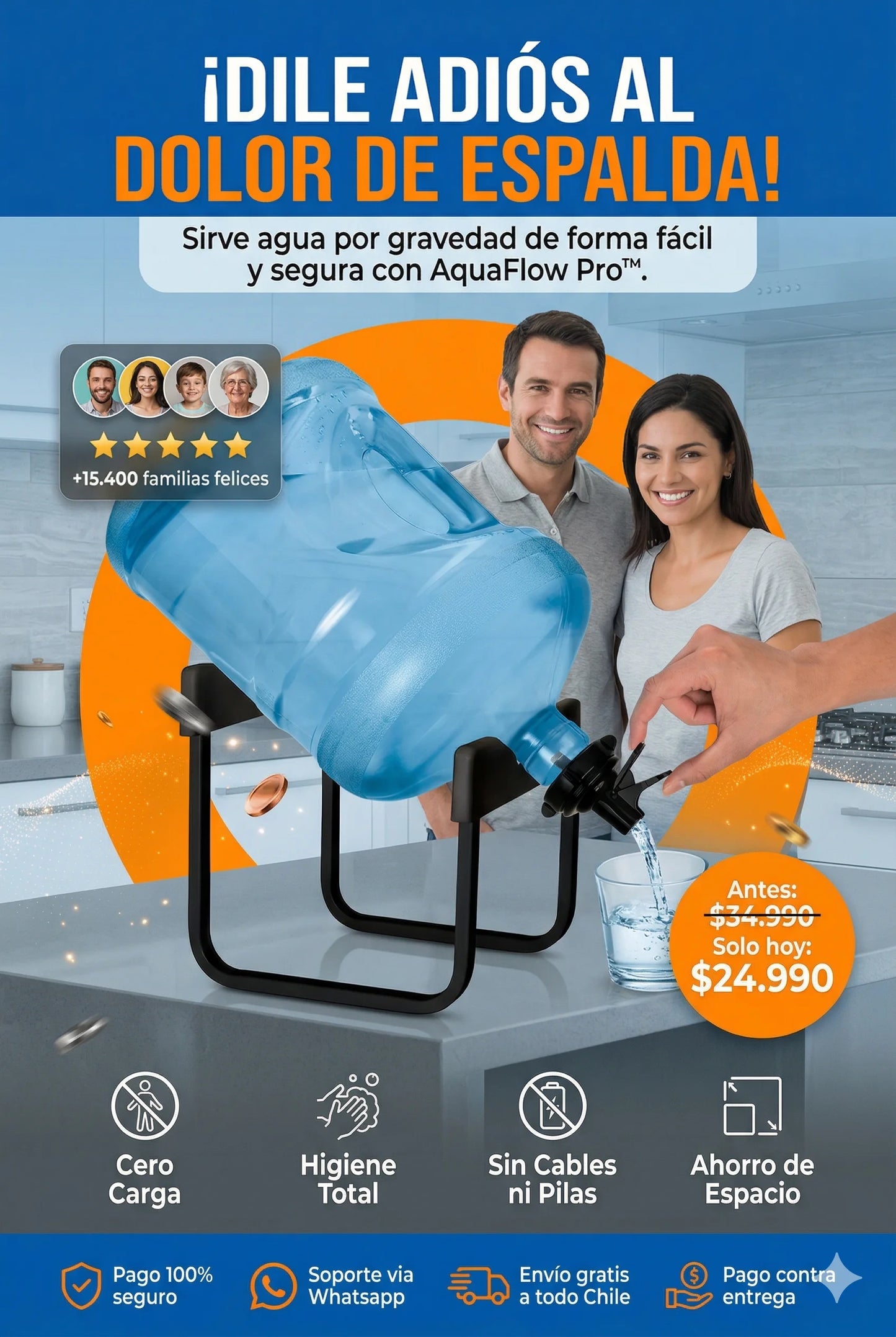 Soporte AquaFlow Pro™: Hidratación instantánea sin cargar peso ni usar cables.