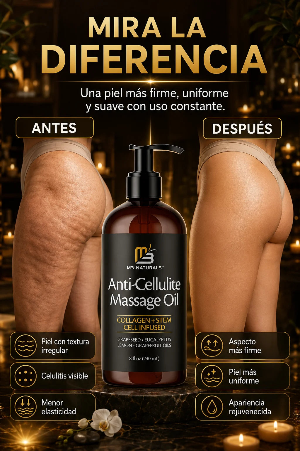 Aceite M3 Naturals™ Secreto reafirmante avanzado con colágeno y células madre.