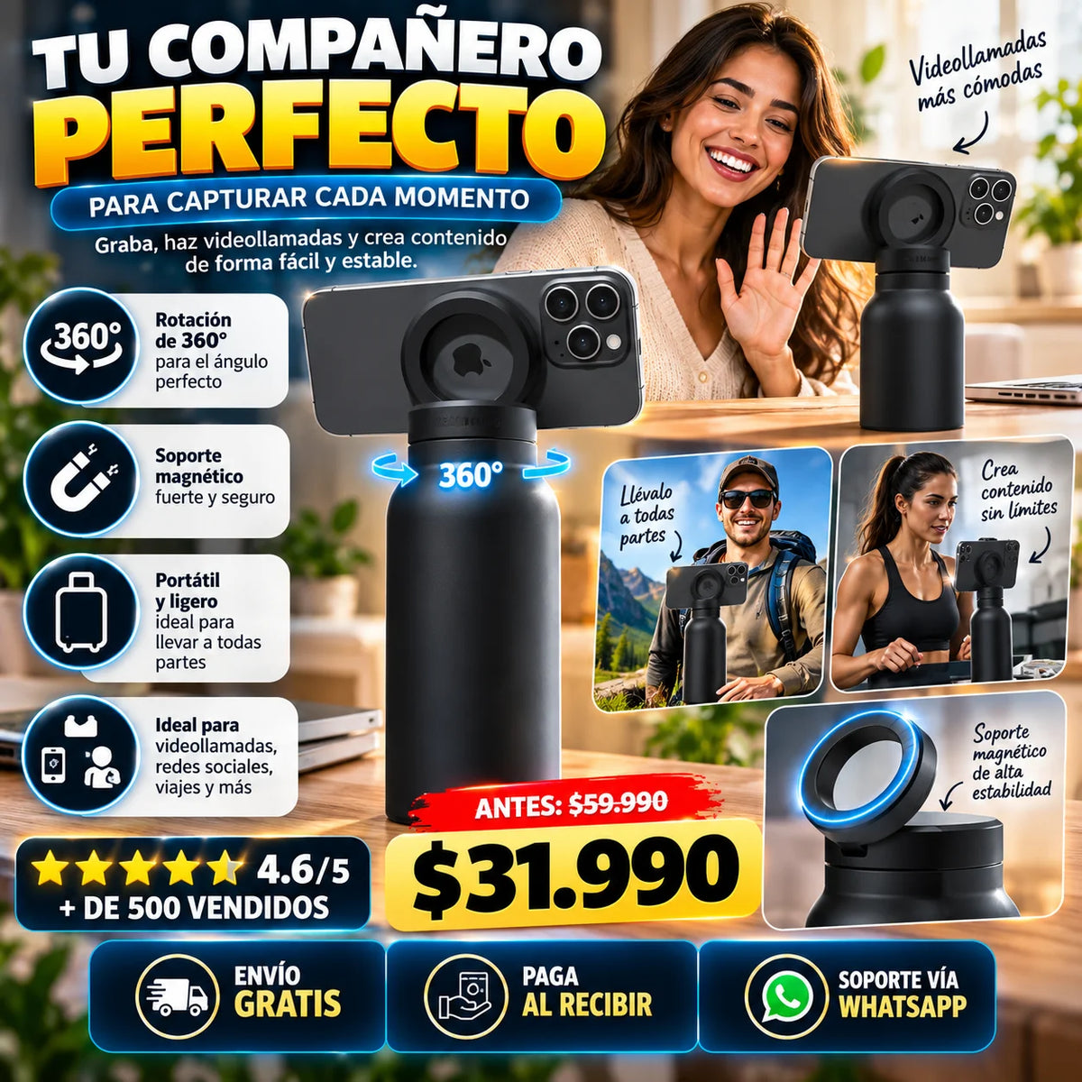 HydroGrip™-Graba, conecta e hidrátate sin esfuerzo con su potente agarre magnético 360°.