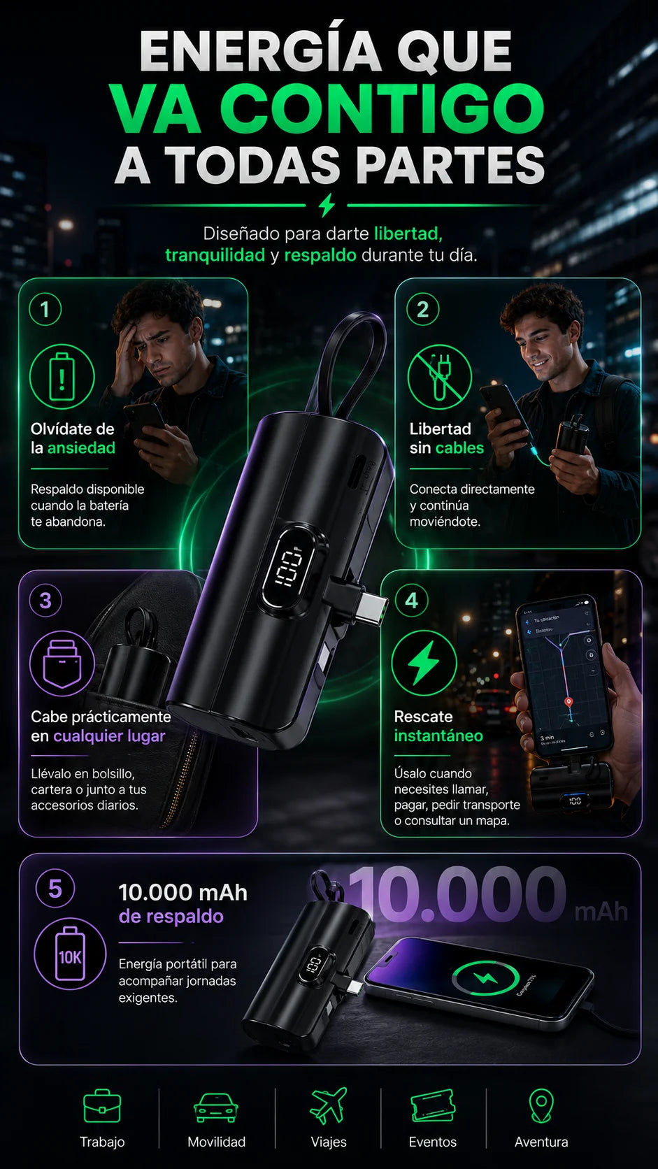 PowerCapsule™ – Carga de emergencia instantánea que cabe en tu bolsillo.