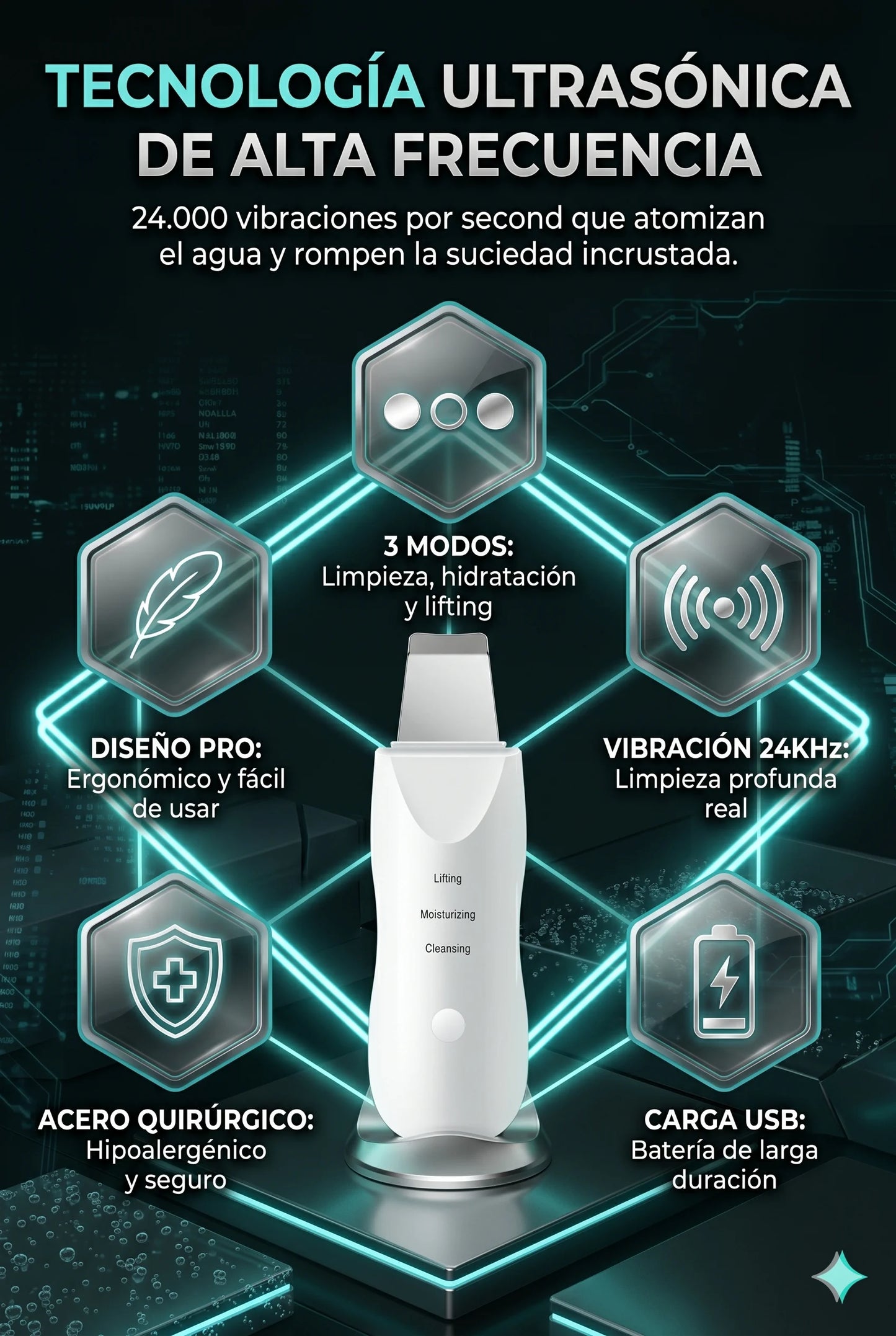 SkinClean Pro-Espatula Facial Ultrasonica Exfoliante