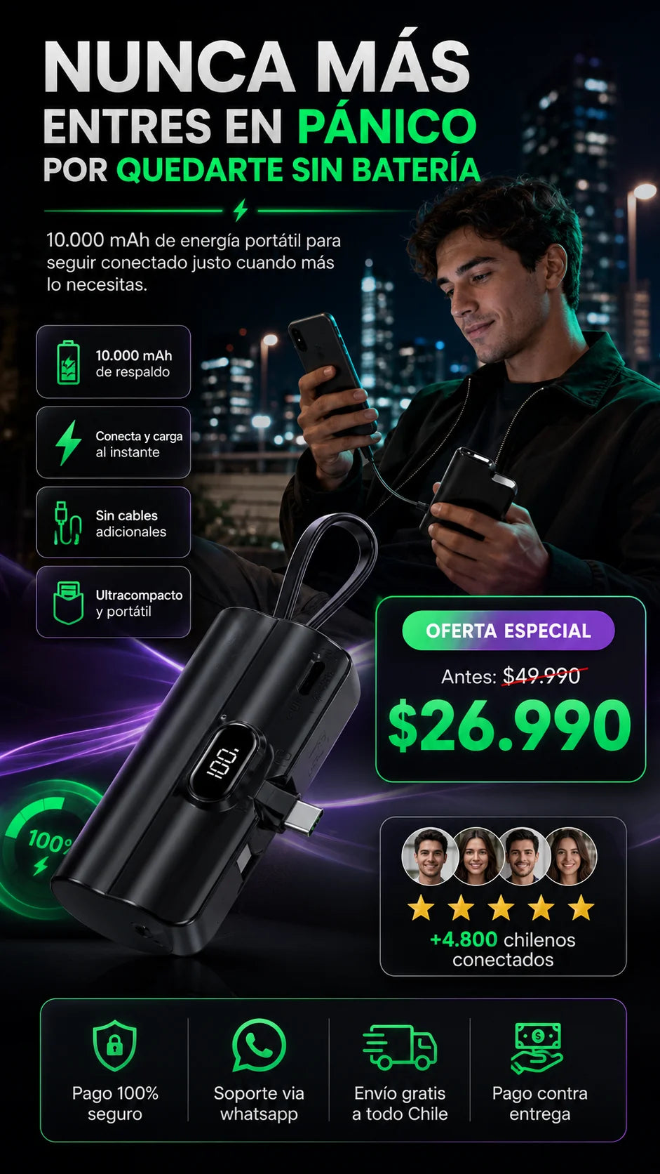 PowerCapsule™ – Carga de emergencia instantánea que cabe en tu bolsillo.