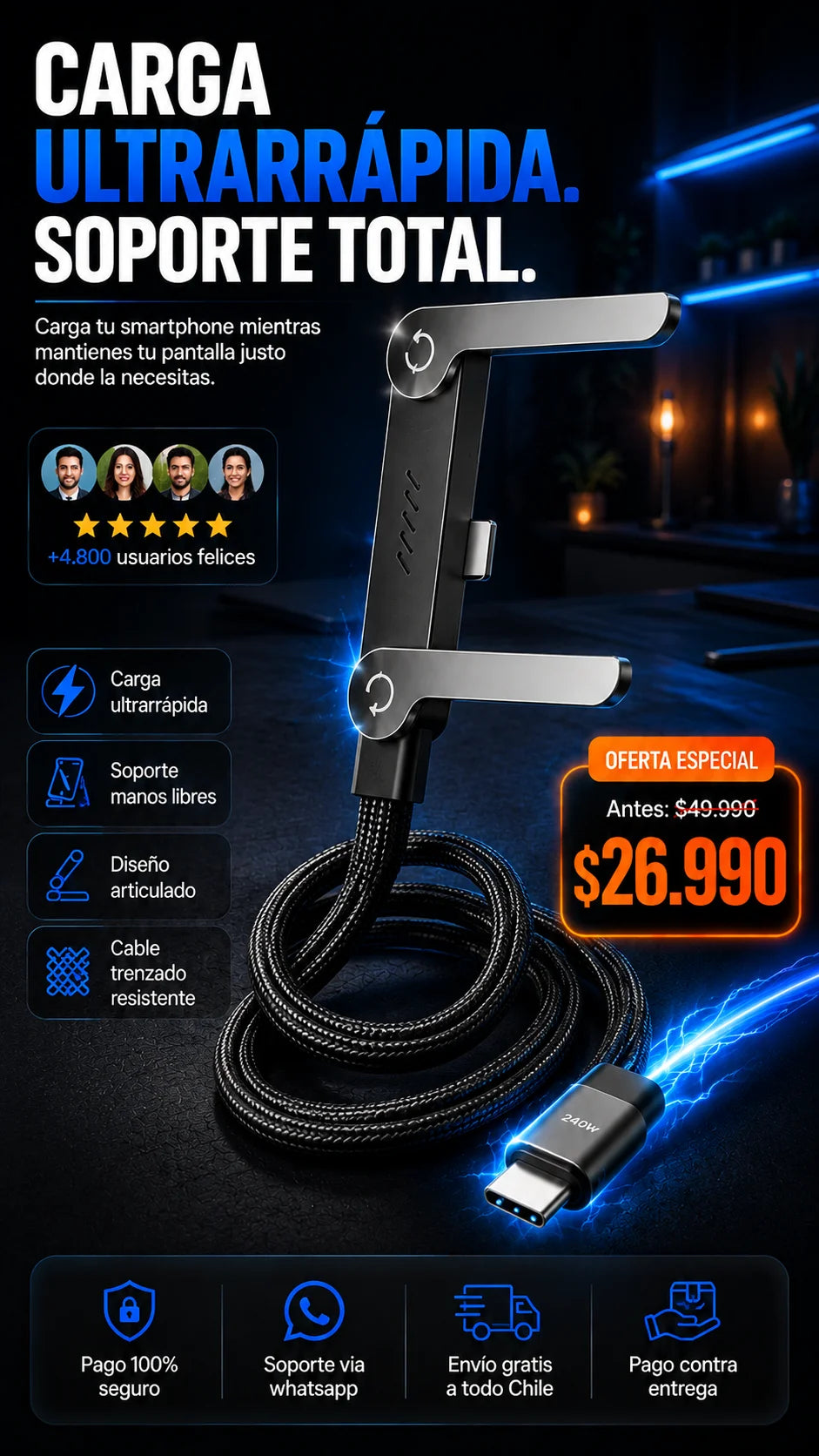 FlexCharge Pro™ (LLEVA 2 Y PAGA 1) – Carga tu teléfono mientras miras tu pantalla cómodamente 📱