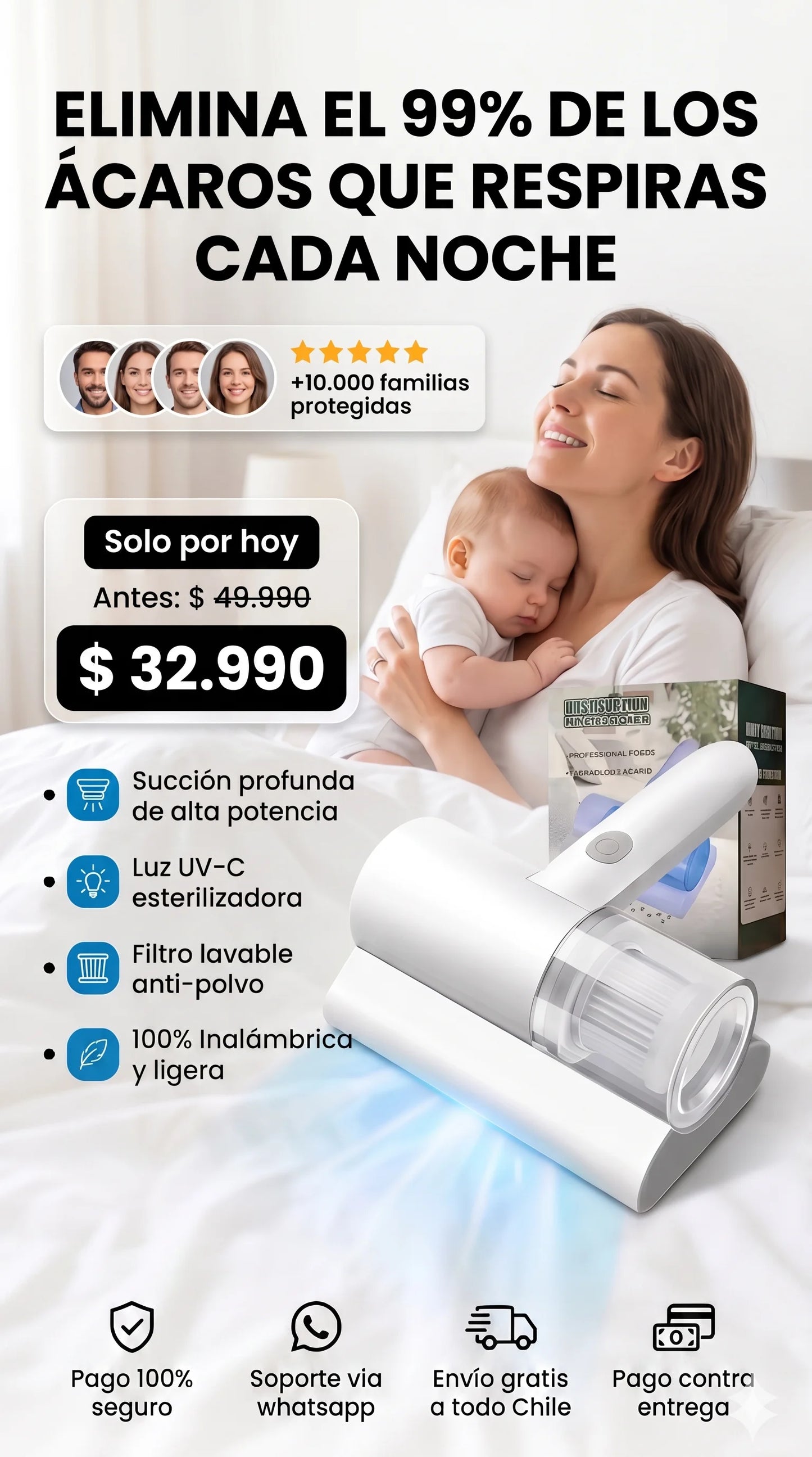 Aspiradora DeepClean Pro™: Elimina el 99% de los ácaros invisibles.