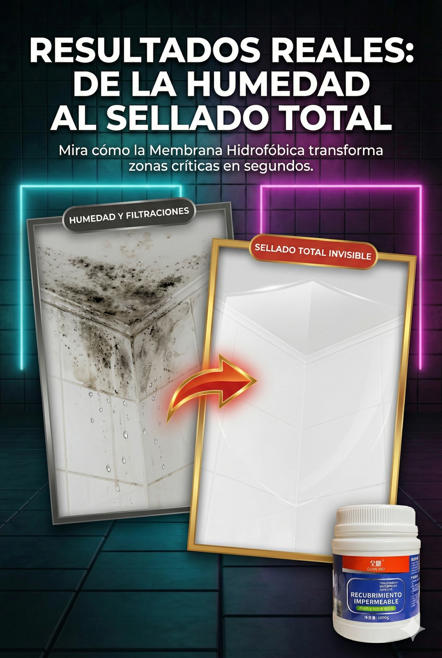 Membrana Hidrofóbica Instantánea™ 1000cc: Sella fisuras y previene filtraciones al instante.