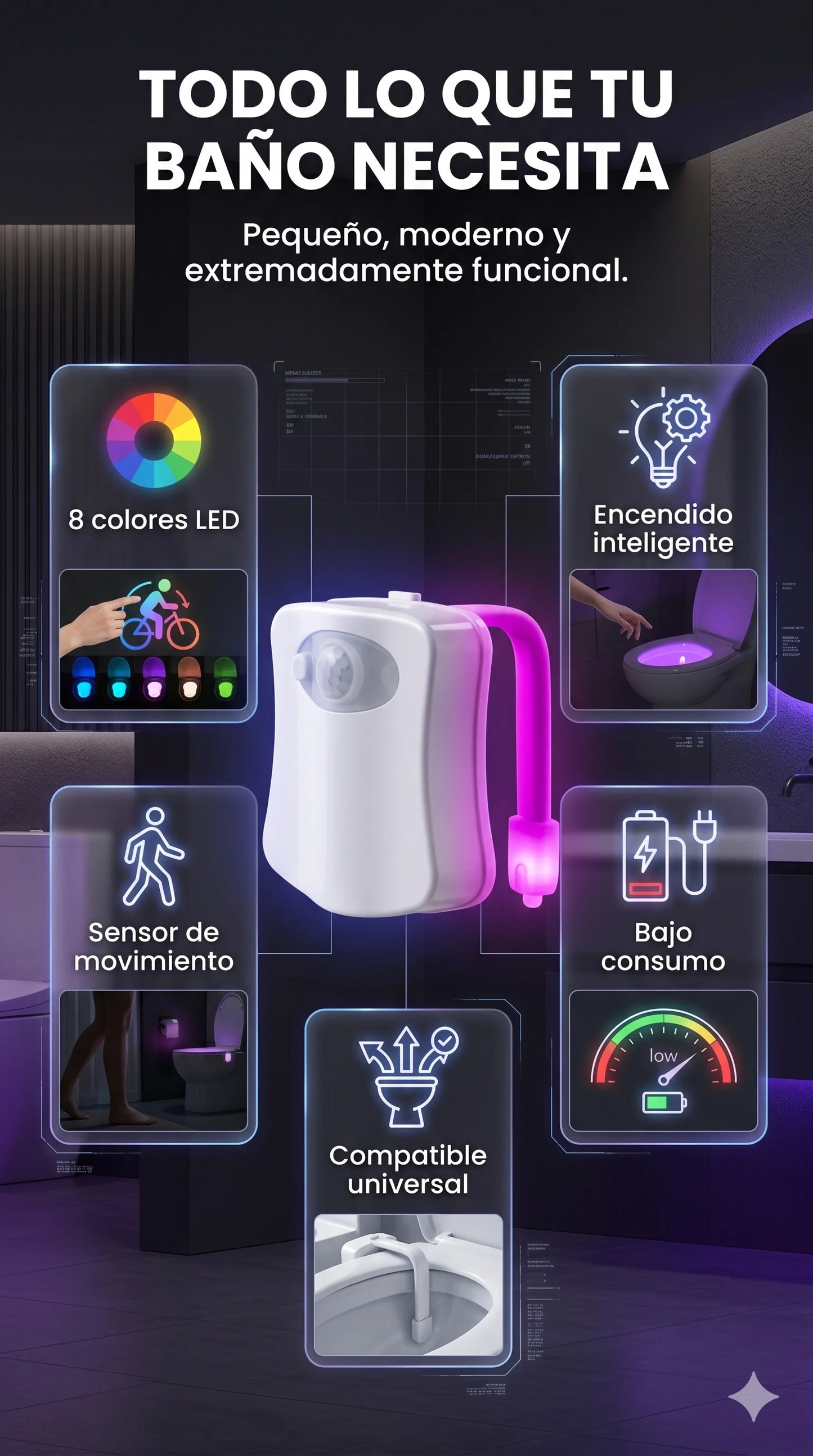 OFERTA "LLEVA 2 Y PAGA 1"- SmartLight Toilet™:Sensor inteligente para WC que guía tu camino nocturno.