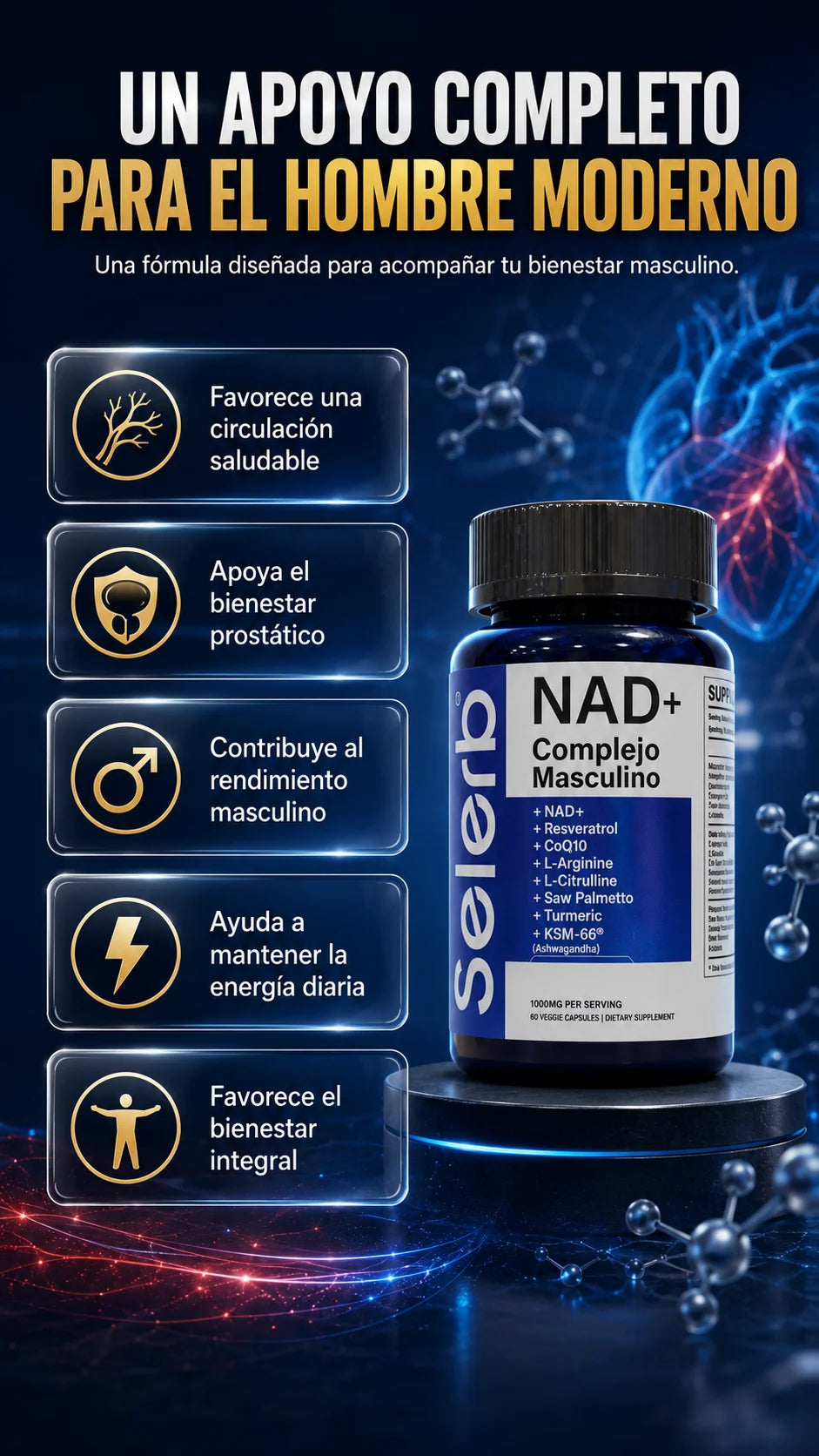 NAD+ Mens Complex™ (60 cápsulas): Flujo sanguíneo máximo y protección prostática total.