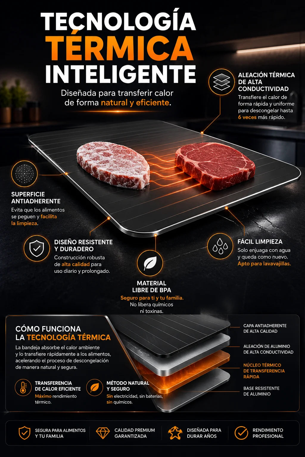 ThermaDefrost™: Tecnología Térmica Alemana para una Descongelación natural instantánea sin químicos ni electricidad.