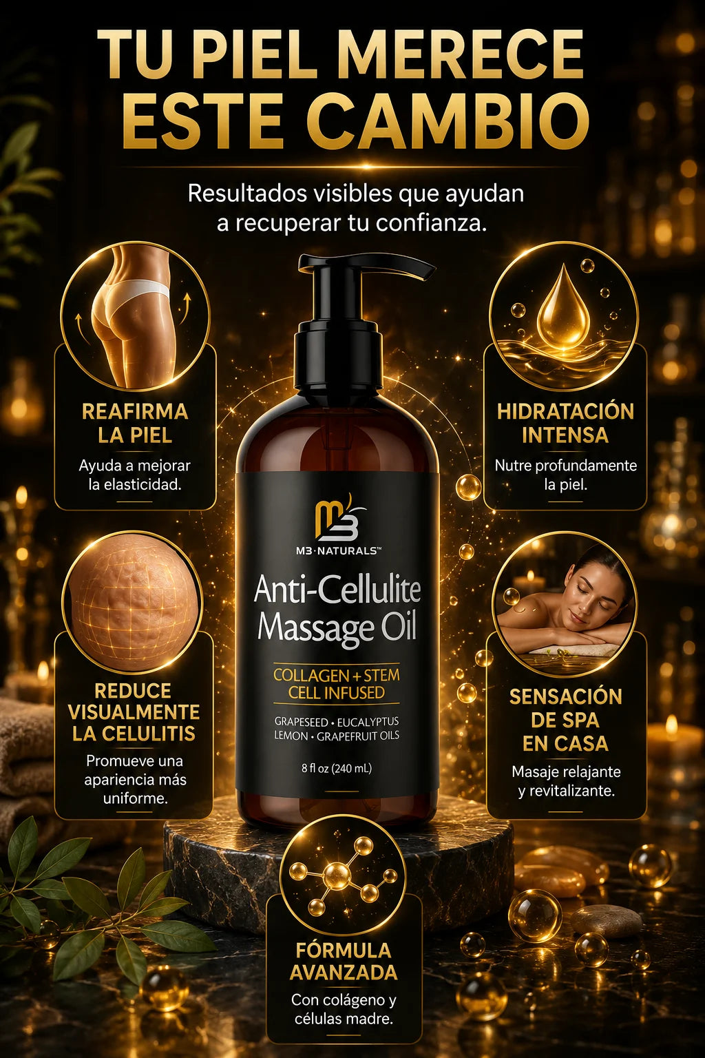 Aceite M3 Naturals™ Secreto reafirmante avanzado con colágeno y células madre.