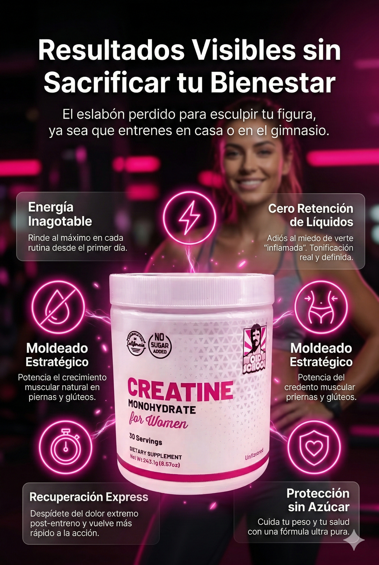 Old School Creatina Monohidratada para mujeres- 240 gr - Fuerza y definición muscular