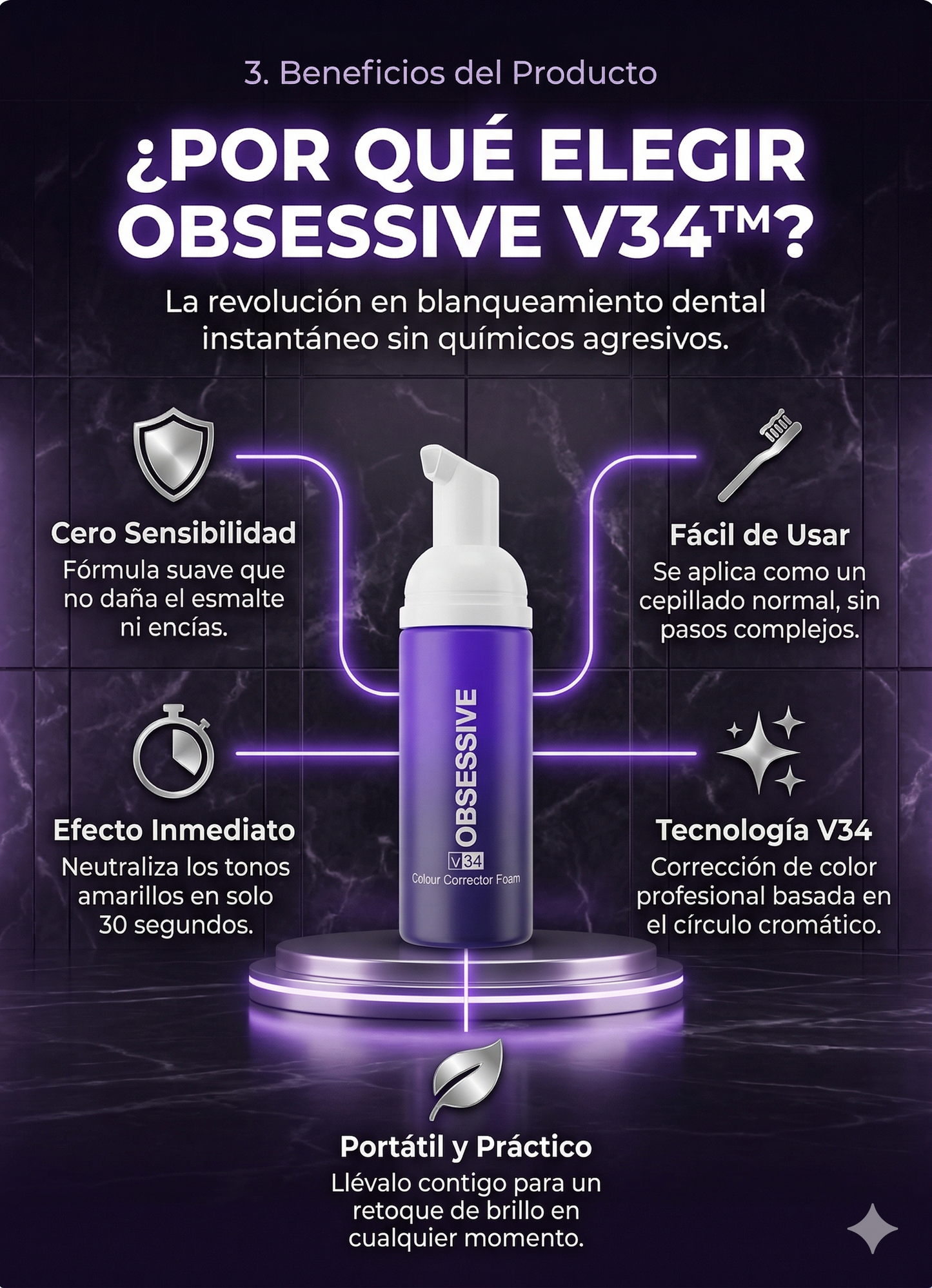 Pasta Dental Obsessive V34™: Tecnología correctora para una blancura impecable.