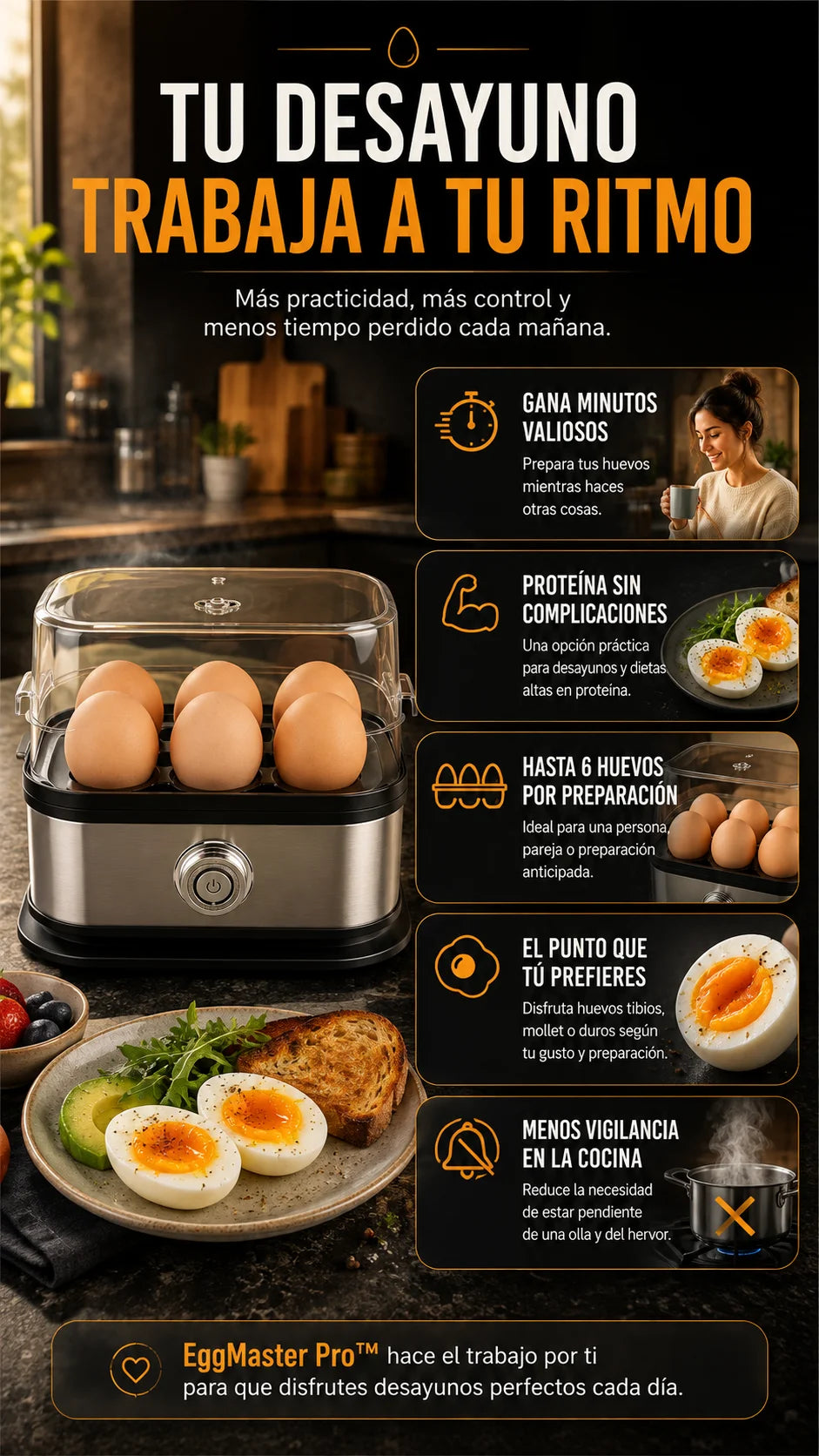 Hervidora de Huevos EggMaster Pro™ Tu cocción exacta sin supervisión ni esfuerzo diario.