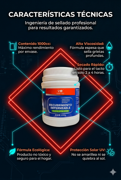 Membrana Hidrofóbica Instantánea™ 1000cc: Sella fisuras y previene filtraciones al instante.