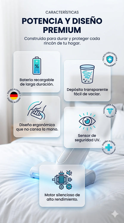 Aspiradora DeepClean Pro™: Elimina el 99% de los ácaros invisibles.