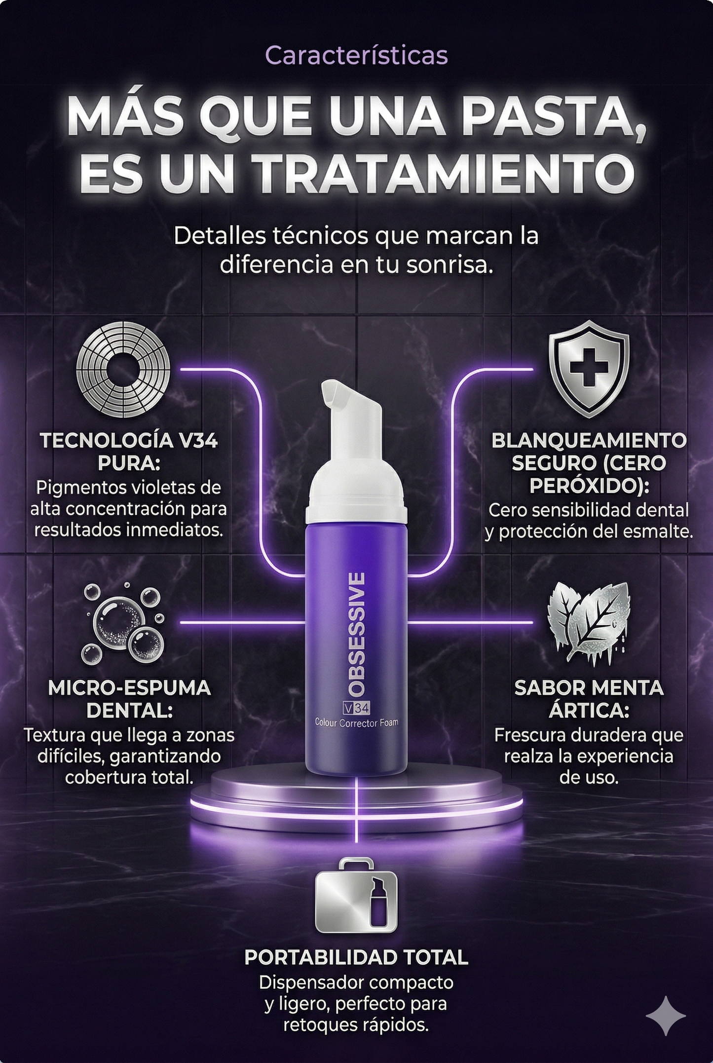 Pasta Dental Obsessive V34™: Tecnología correctora para una blancura impecable.