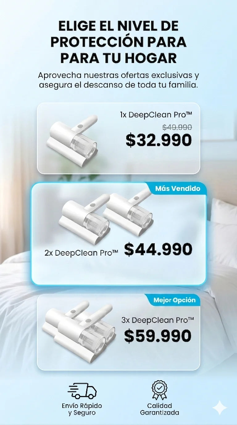 Aspiradora DeepClean Pro™: Elimina el 99% de los ácaros invisibles.