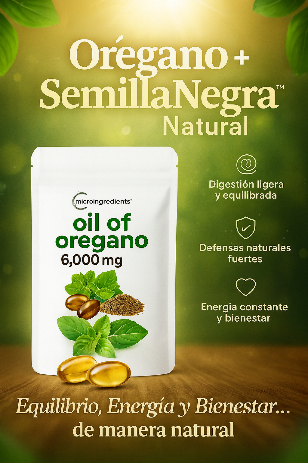 Aceite De Orégano 6000 Mg (60 capsulas)-Digestión ligera, defensas fuertes, bienestar real