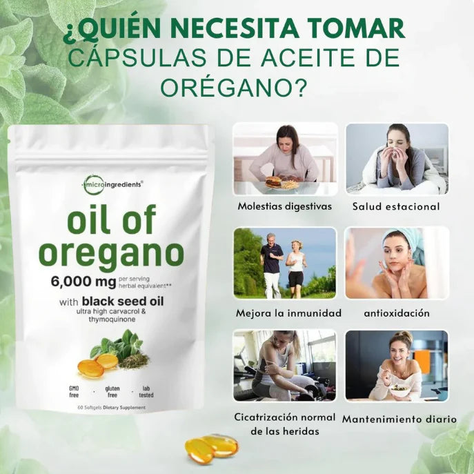 Aceite De Orégano 6000 Mg (60 capsulas)-Digestión ligera, defensas fuertes, bienestar real